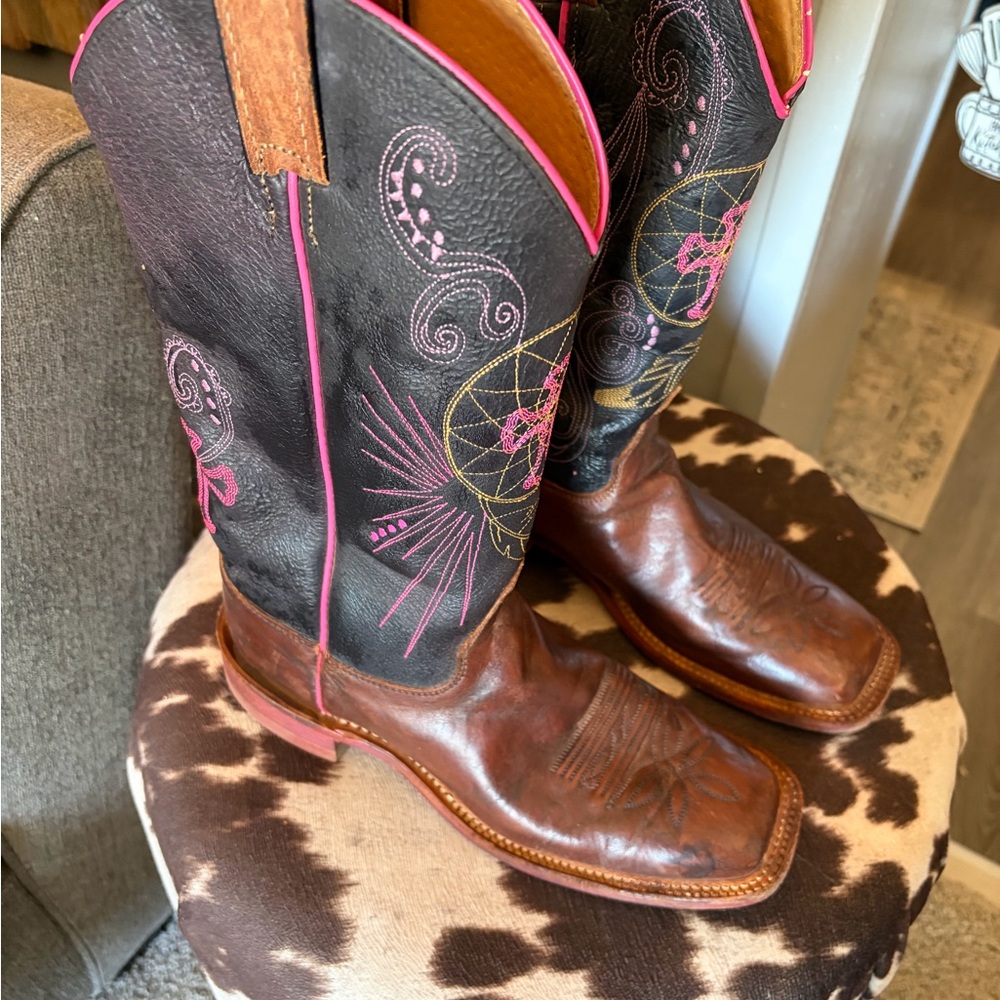 Justin Boots  Bent Rail Black and Brown Heeled Boots with Pink Accents
